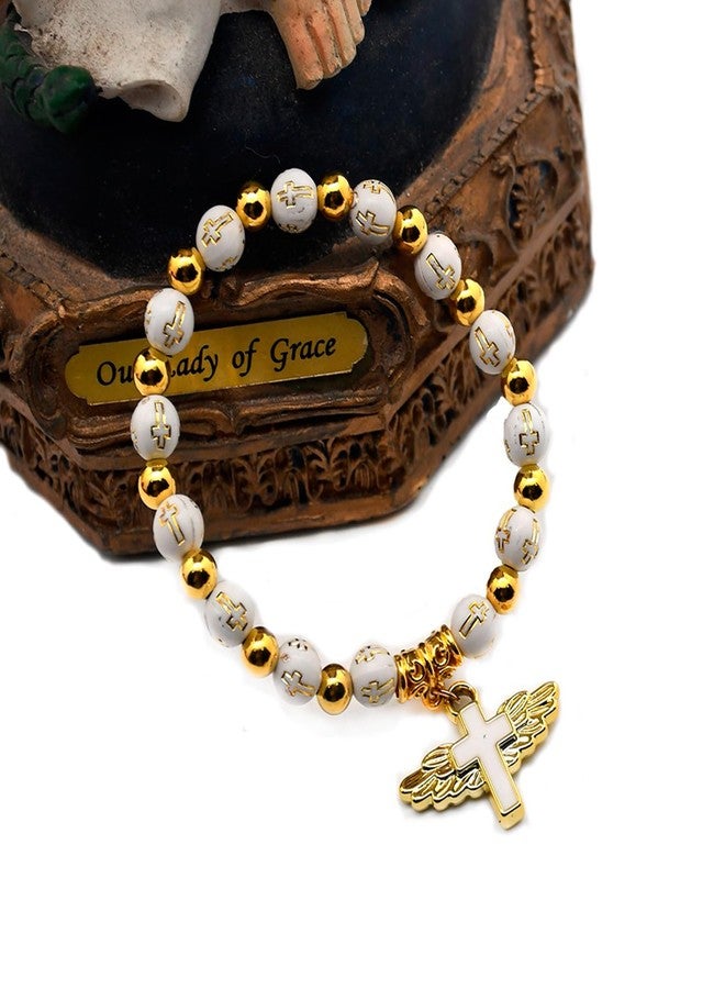 CACALOSS Angel Wing Cross Bracelet Religious Rosary for Baptism Church Event Women Gold - Image 3